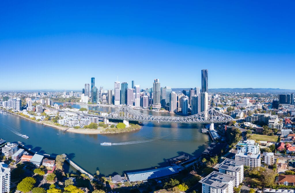High altitude view of Brisbane skyline and Story Bridge